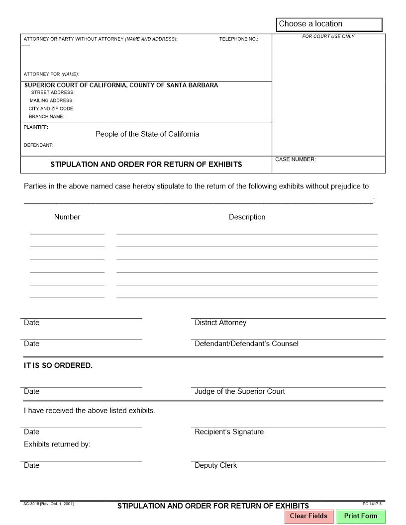 Stipulation And Order For Return Of Exhibits (Criminal) {SC-3018} | Pdf Fpdf Docx | California
