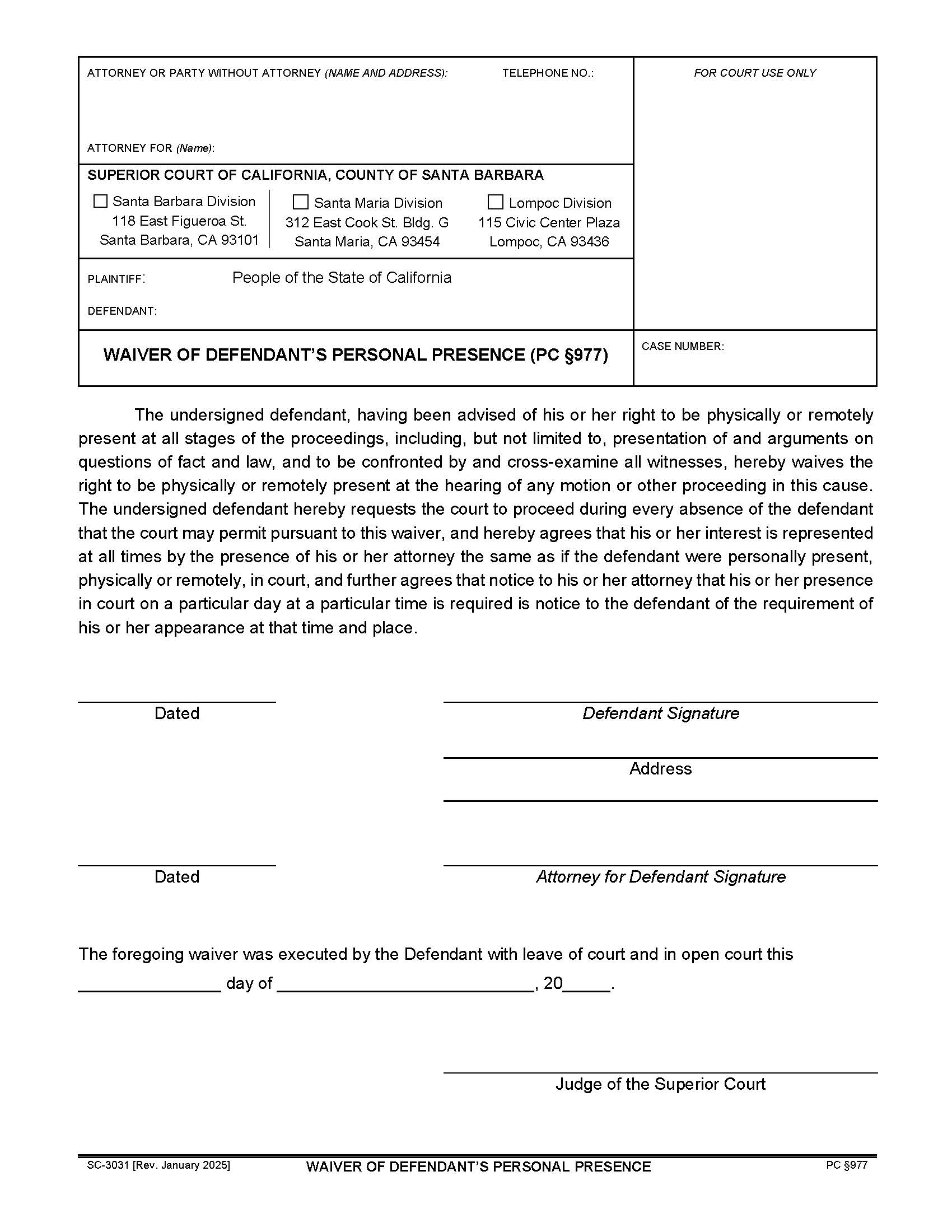 Waiver Of Defendants Personal Presence (Criminal) {SC-3031} | Pdf Fpdf Docx | California