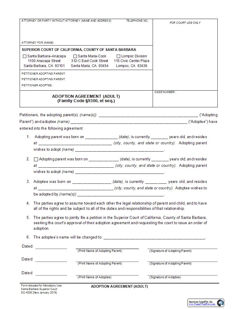 Adoption Agreement (Adult) (Family Code 9300) {SC-4036} | Pdf Fpdf Docx | California