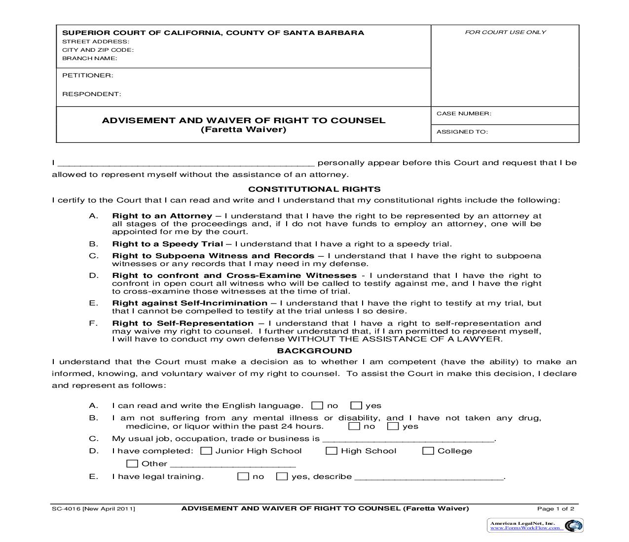 Advisement And Waiver Of Right To Counsel (Faretta Waiver) (Family Law) {SC-4016} | Pdf Fpdf Doc Docx | California