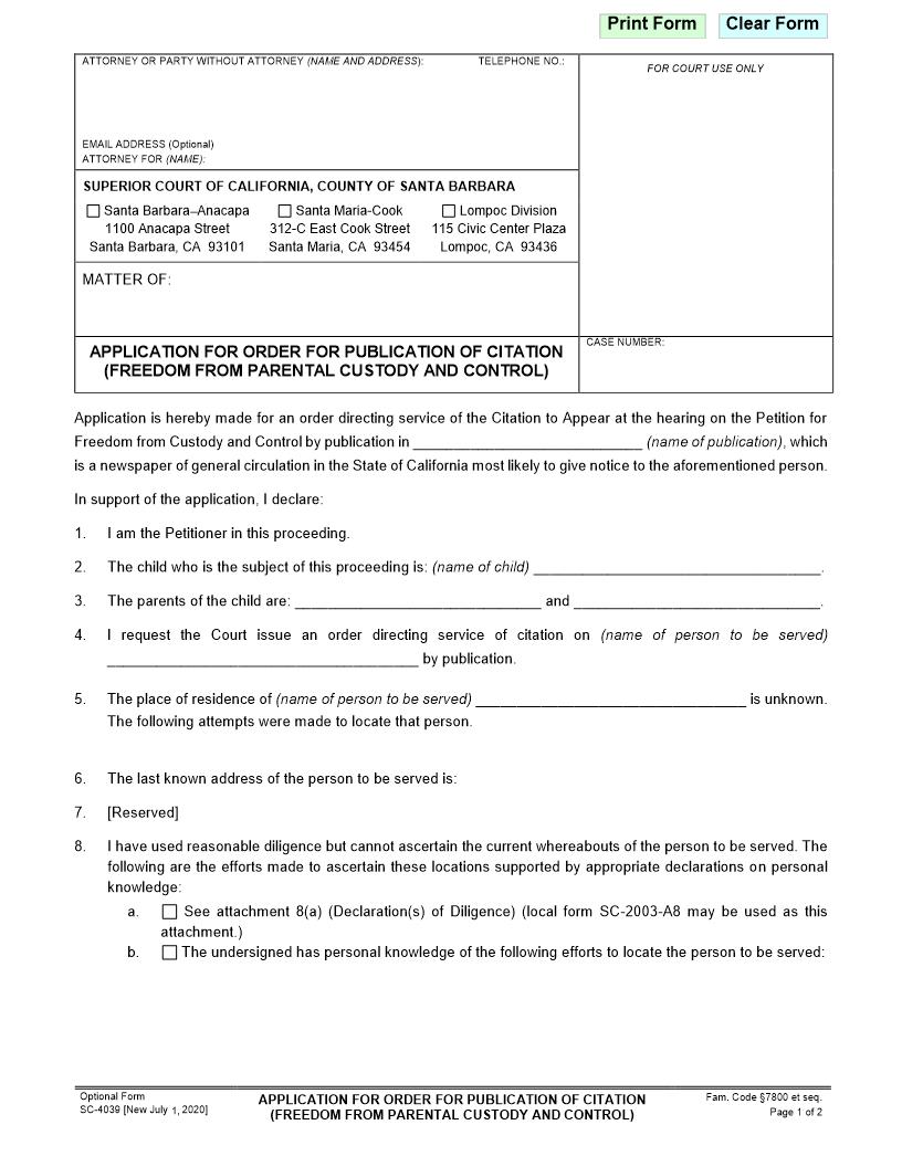 Application For Order For Publication Of Citation (Freedom From Parental Custody) {SC-4039} | Pdf Fpdf Docx | California
