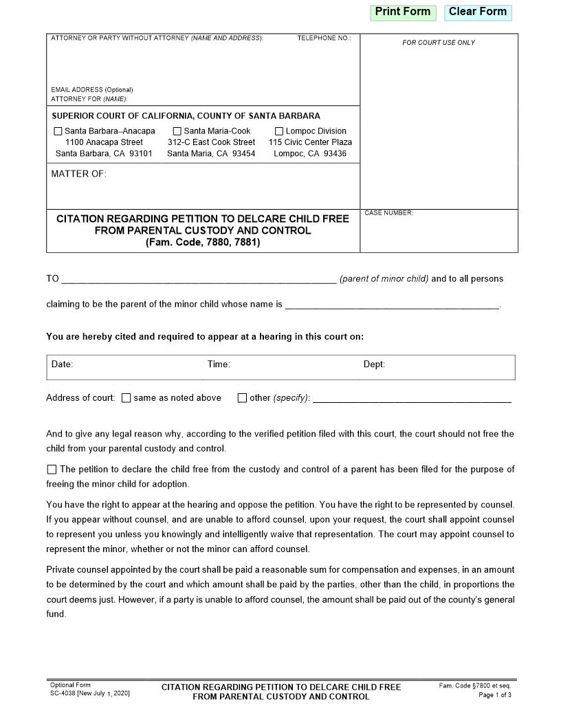 Citation Regarding Petition To Declare Child Free From Parental Custody And Control {SC-4038} | Pdf Fpdf Docx | California