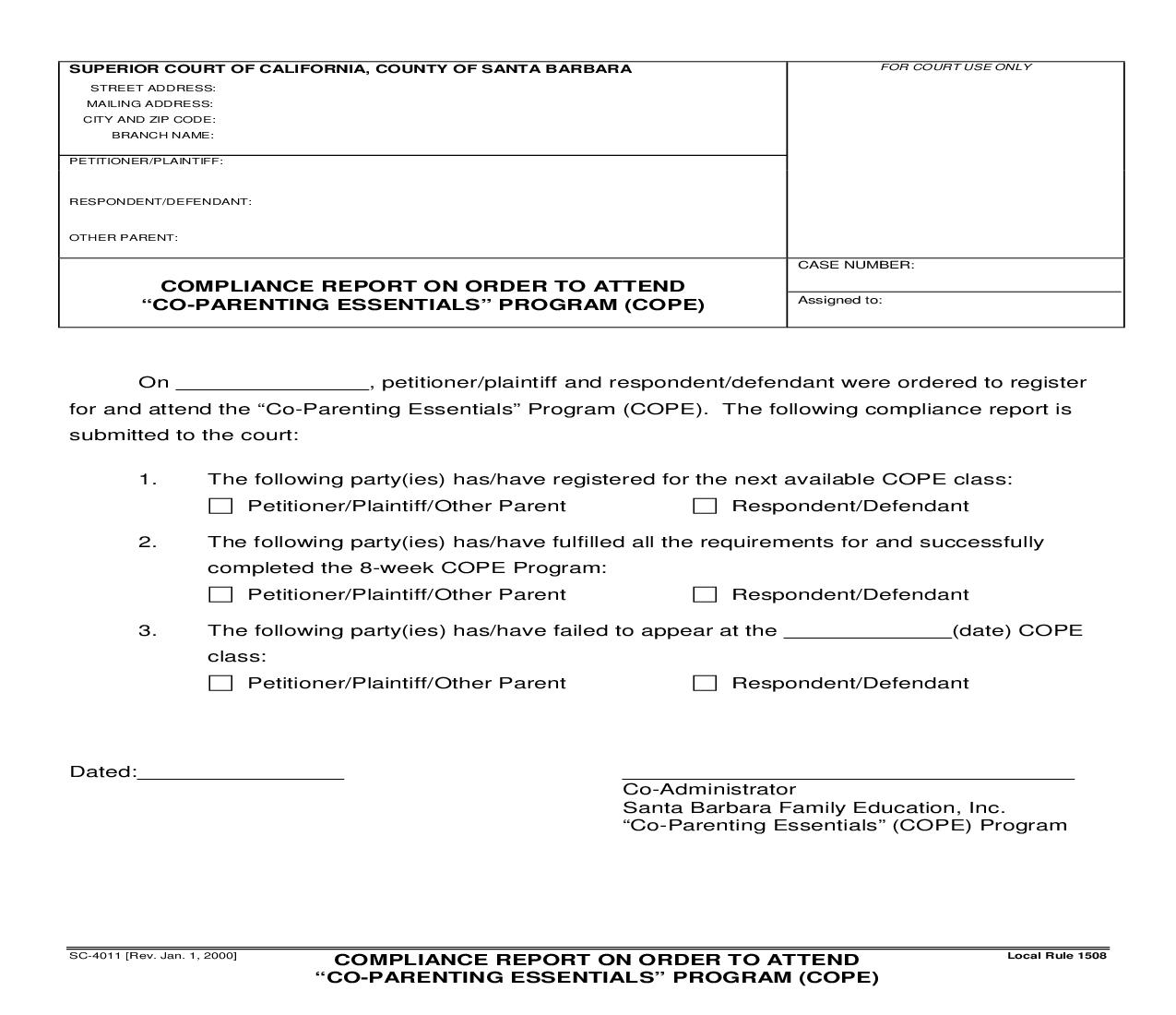 Compliance Report On Order To Attend Co Parenting Essentials Program COPE {SC-4011} | Pdf Fpdf Doc Docx | California
