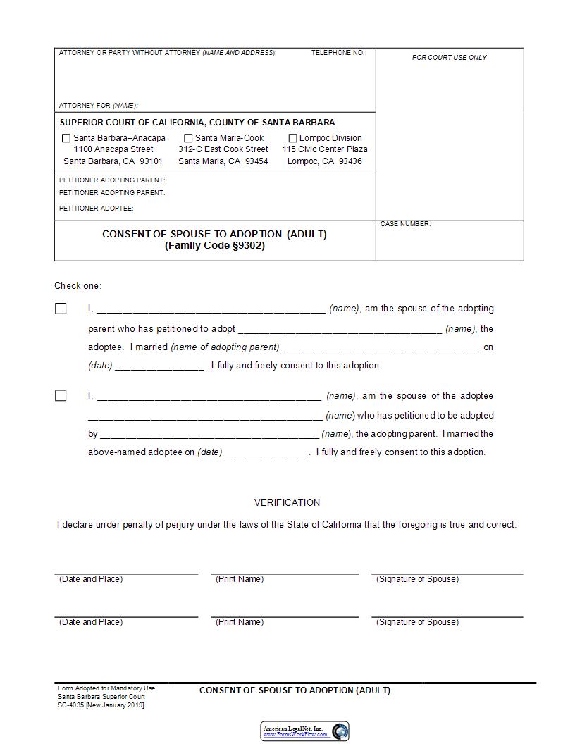 Consent Of Spouse To Adoption (Adult) (Family Code 9302) {SC-4035} | Pdf Fpdf Docx | California