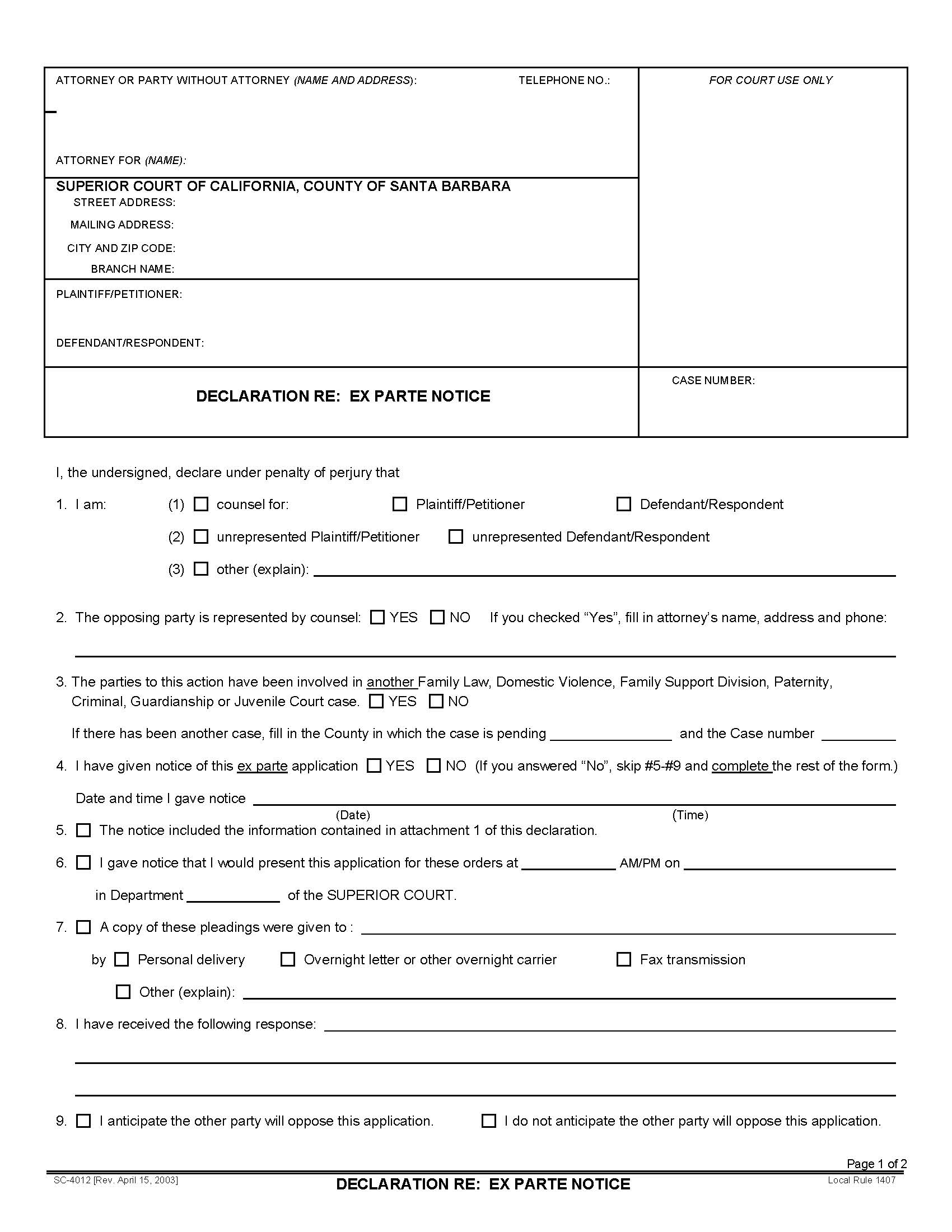 Declaration Re Ex Parte Notice {SC-4012} | Pdf Fpdf Doc Docx | California