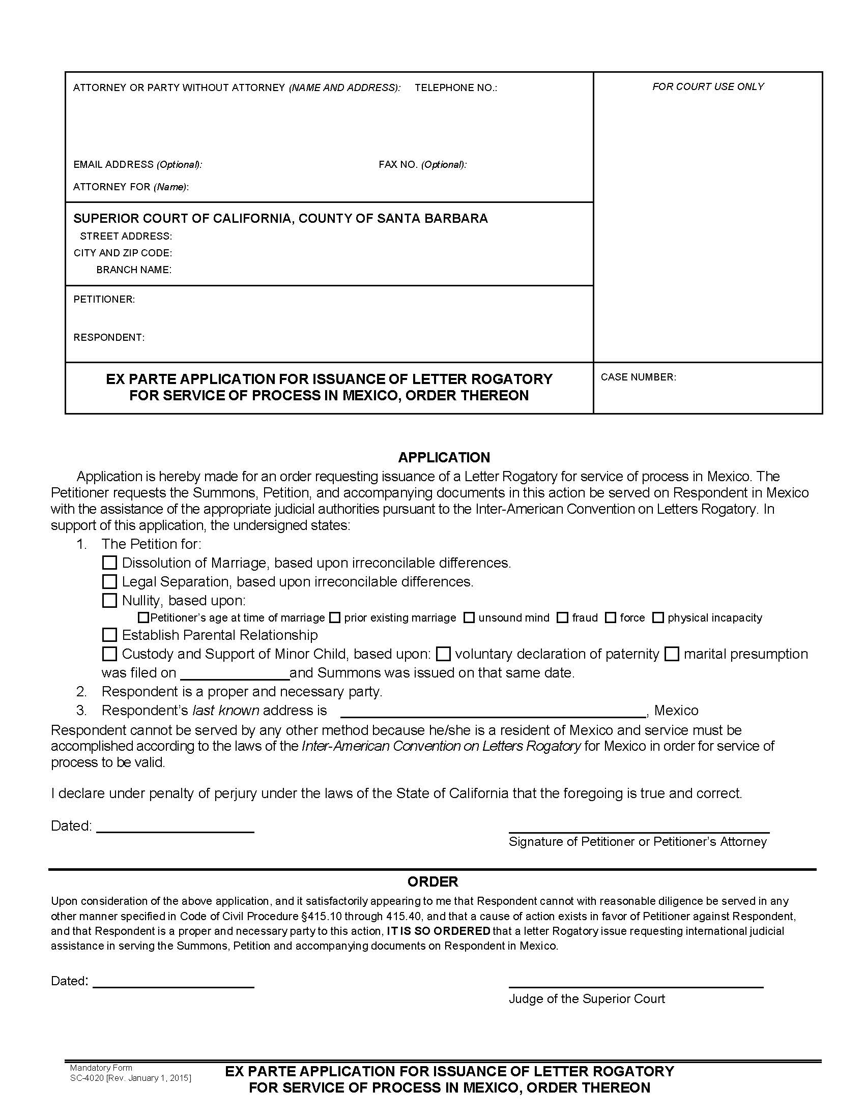 Ex Parte Application For Issuance Of Letter Rogatory {SC-4020} | Pdf Fpdf Doc Docx | California