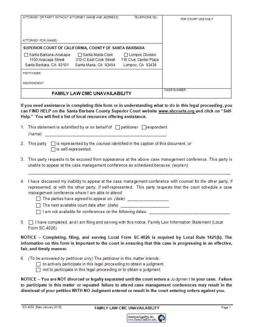 Family Law CMC Unavailability {SC-4030} | Pdf Fpdf Docx | California