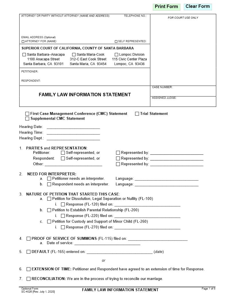 Family Law Information Statement {SC-4026} | Pdf Fpdf Doc Docx | California