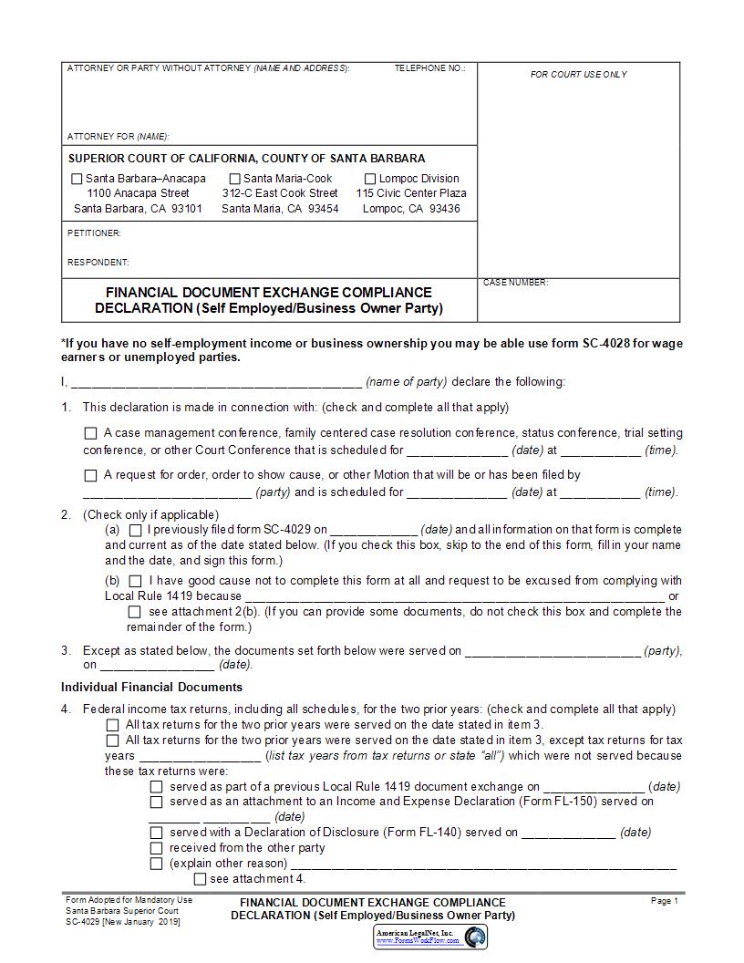 Financial Document Exchange Compliance Declaration (Self Employed-Business Owner Party) {SC-4029} | Pdf Fpdf Docx | California