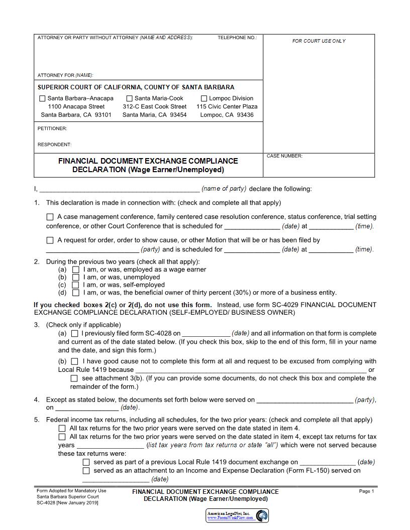 Financial Document Exchange Compliance Declaration (Wage Earner-Unemployed) {SC-4028} | Pdf Fpdf Docx | California