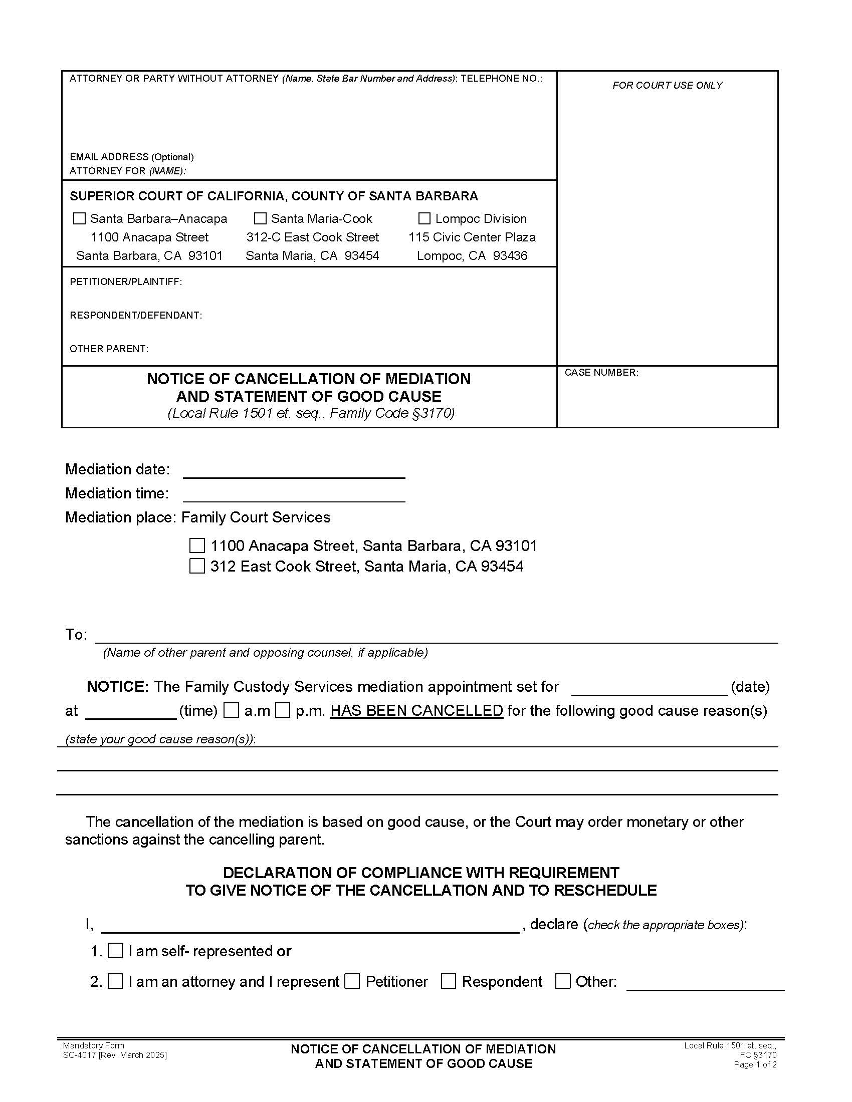 Notice Of Cancellation Of Mediation And Statement Of Good Cause {SC-4017} | Pdf Fpdf Doc Docx | California