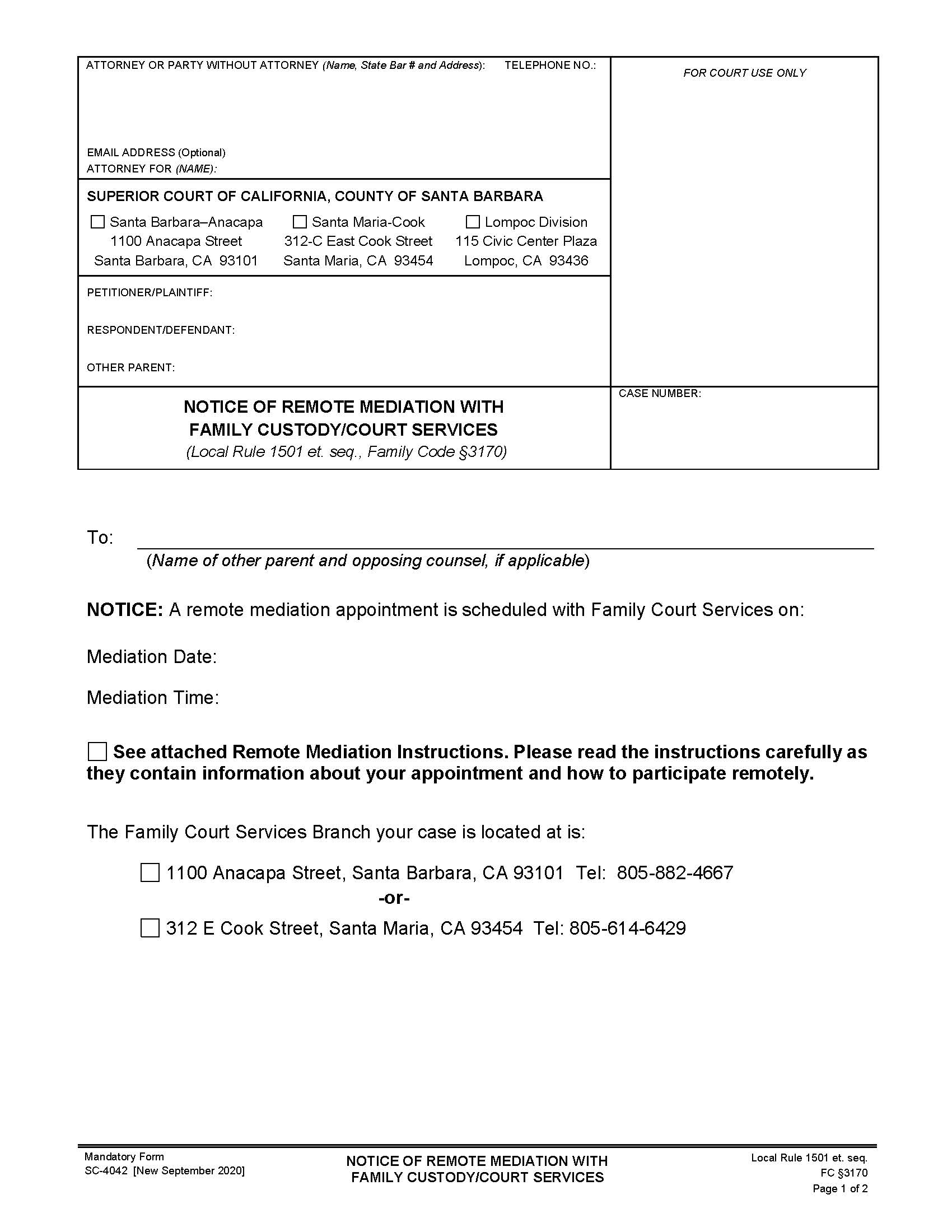 Notice Of Mediation With Family Custody-Court Services {SC-4042} | Pdf Fpdf Doc Docx | California