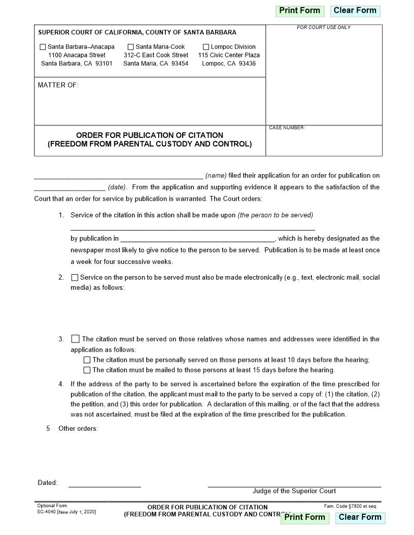 Order For Publication Of Citation (Freedom From Parental Custody And Control) {SC-4040} | Pdf Fpdf Docx | California