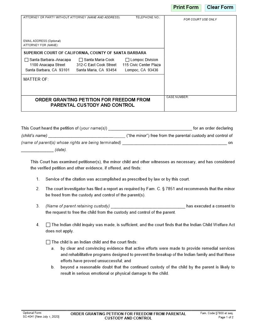 Order Granting Petition For Freedom From Parental Custody And Control {SC-4041} | Pdf Fpdf Docx | California
