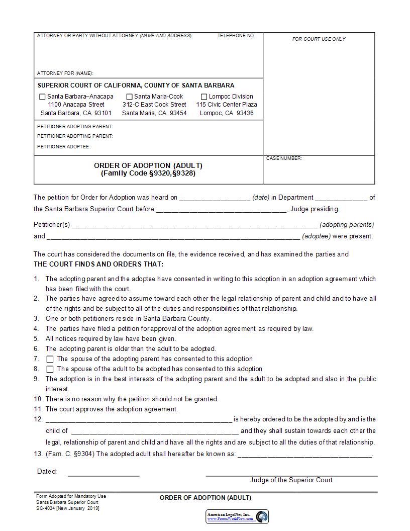 Order Of Adoption (Adult) (Family Code 9320 9328) {SC-4034} | Pdf Fpdf Docx | California