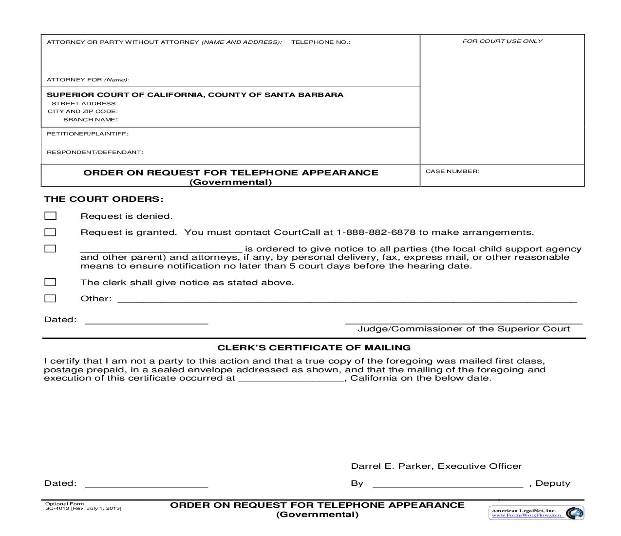Order On Request For Telephone Appearance (Governmental) {SC-4013} | Pdf Fpdf Doc Docx | California