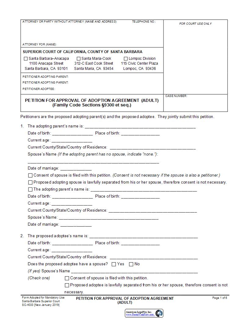 Petition For Approval Of Adoption Agreement (Adult) {SC-4033} | Pdf Fpdf Docx | California