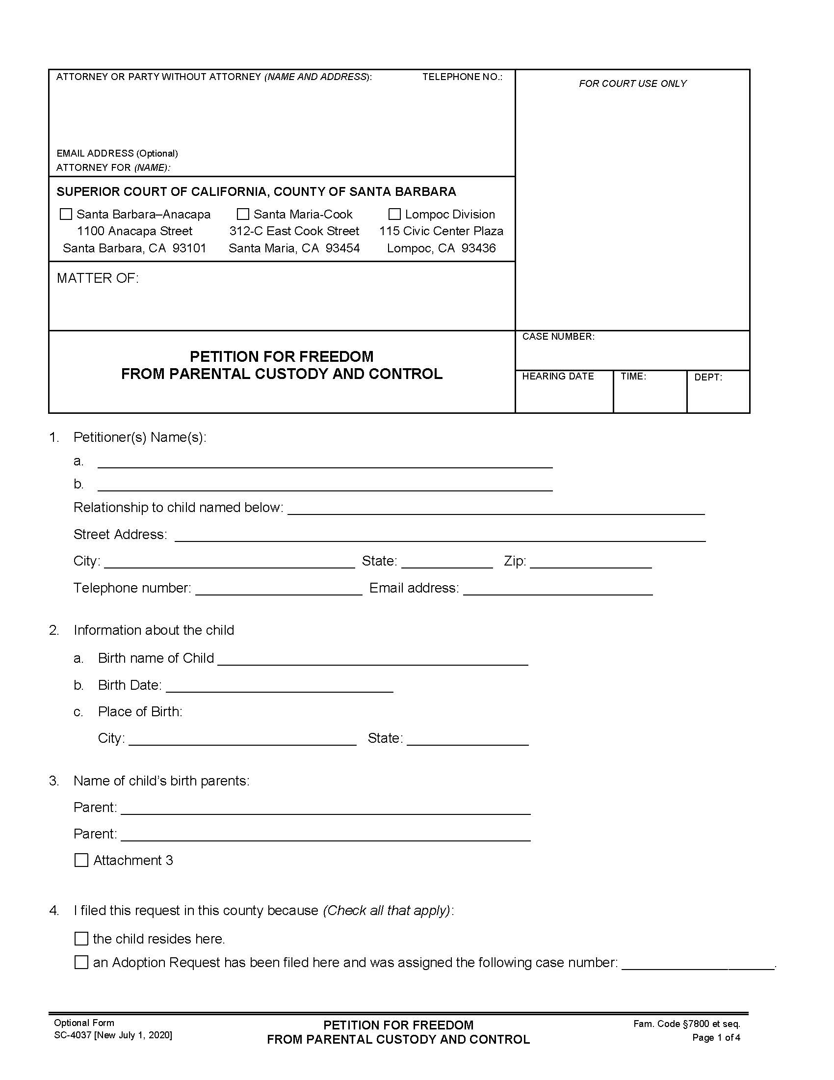 Petition For Freedom From Parental Custody And Control {SC-4037} | Pdf Fpdf Docx | California