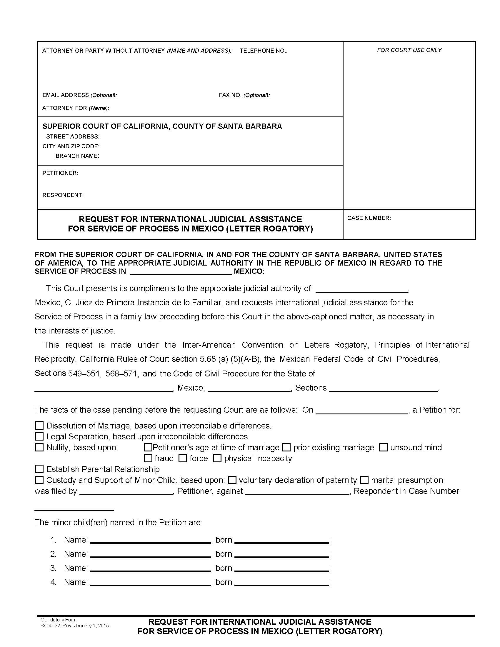Request For International Judicial Assistance {SC-4022} | Pdf Fpdf Doc Docx | California
