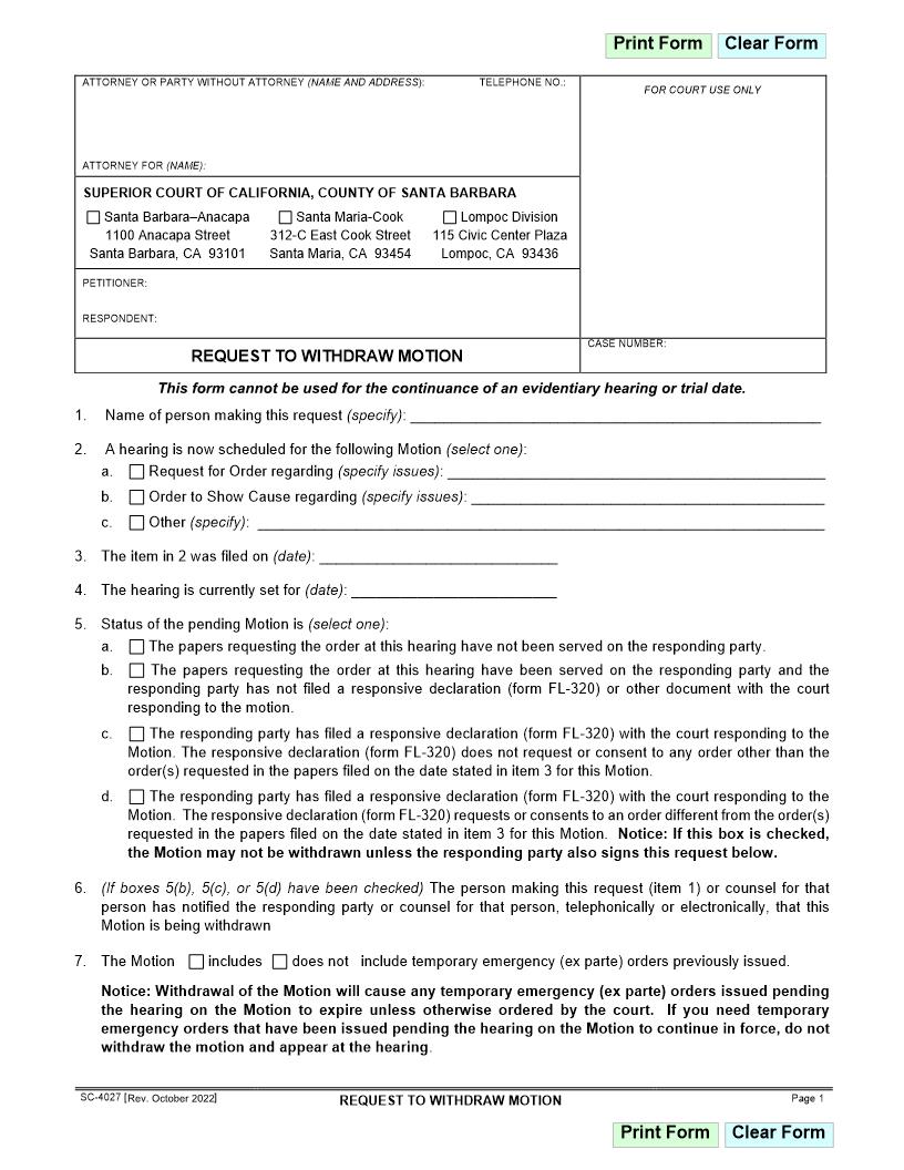Request To Withdraw Motion {SC-4027} | Pdf Fpdf Docx | California