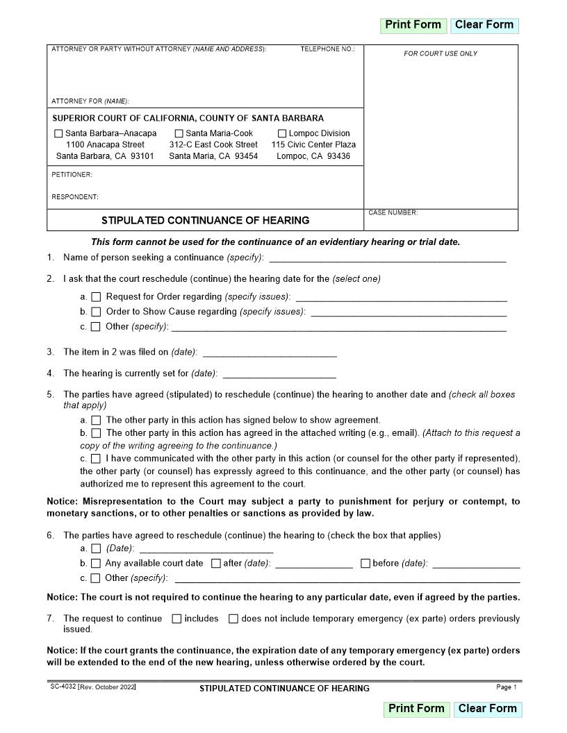 Stipulated Continuance Of Hearing {SC-4032} | Pdf Fpdf Docx | California