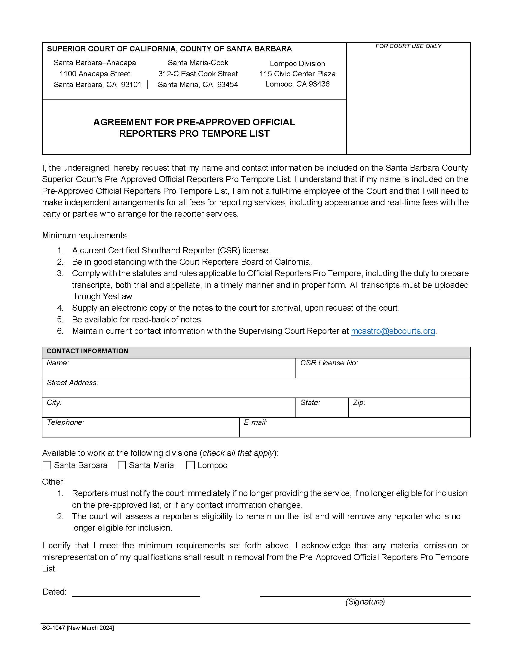 Agreement For Pre-Approved Official Reporters Pro Tempore List {SC-1047} | Pdf Fpdf Docx | California