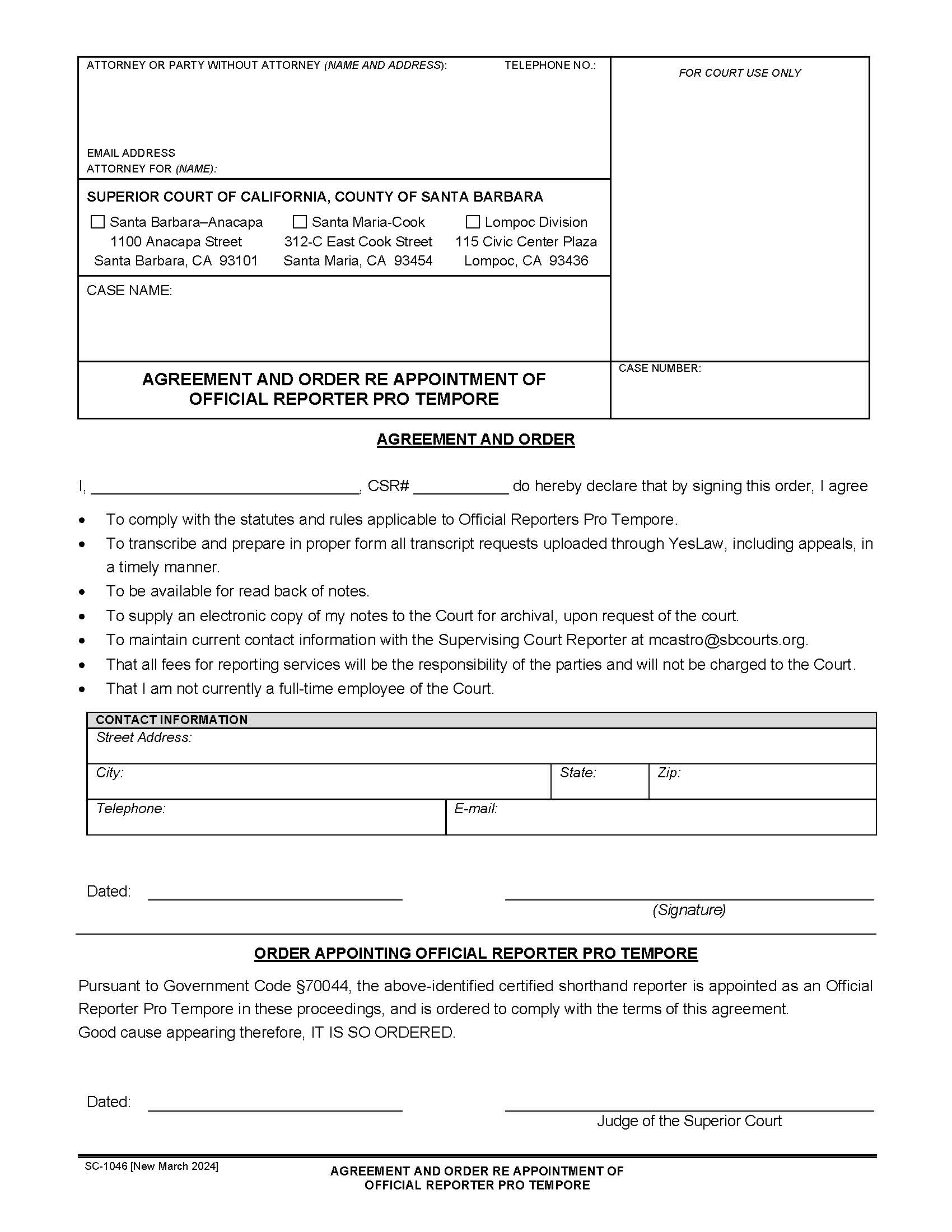 Agreement-Order Re Appointment Of Official Reporter Pro Tempore {SC-1046} | Pdf Fpdf Docx | California