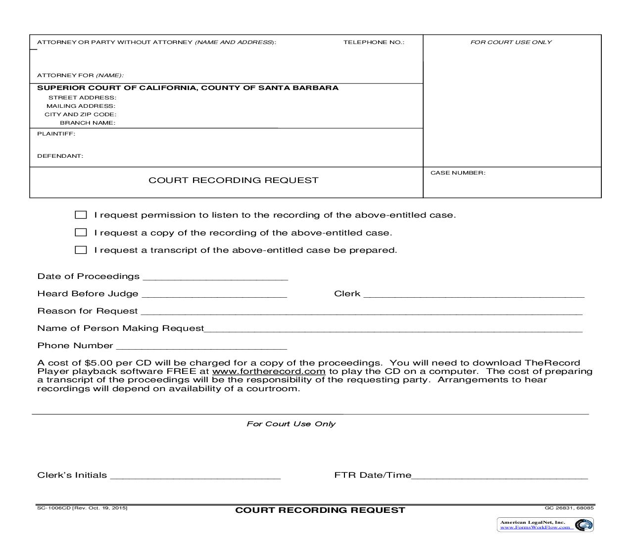 Court Recording Request {SC-1006CD} | Pdf Fpdf Doc Docx | California