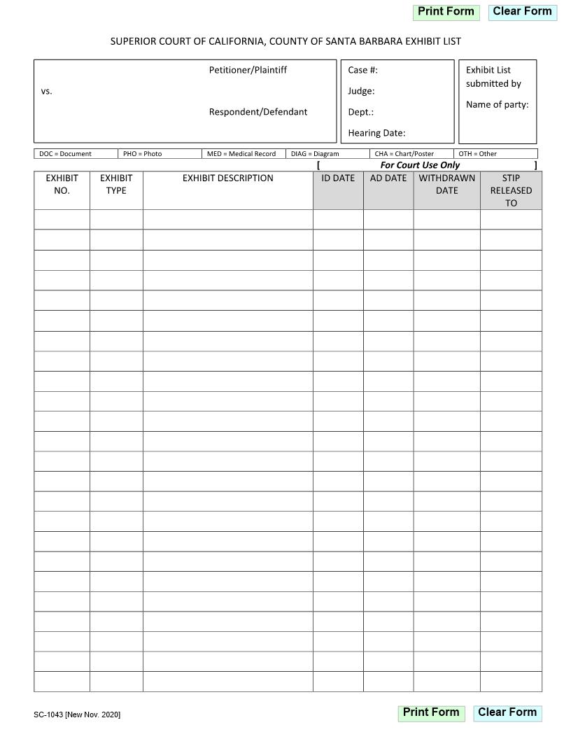 Exhibit List {SC-1043} | Pdf Fpdf Docx | California