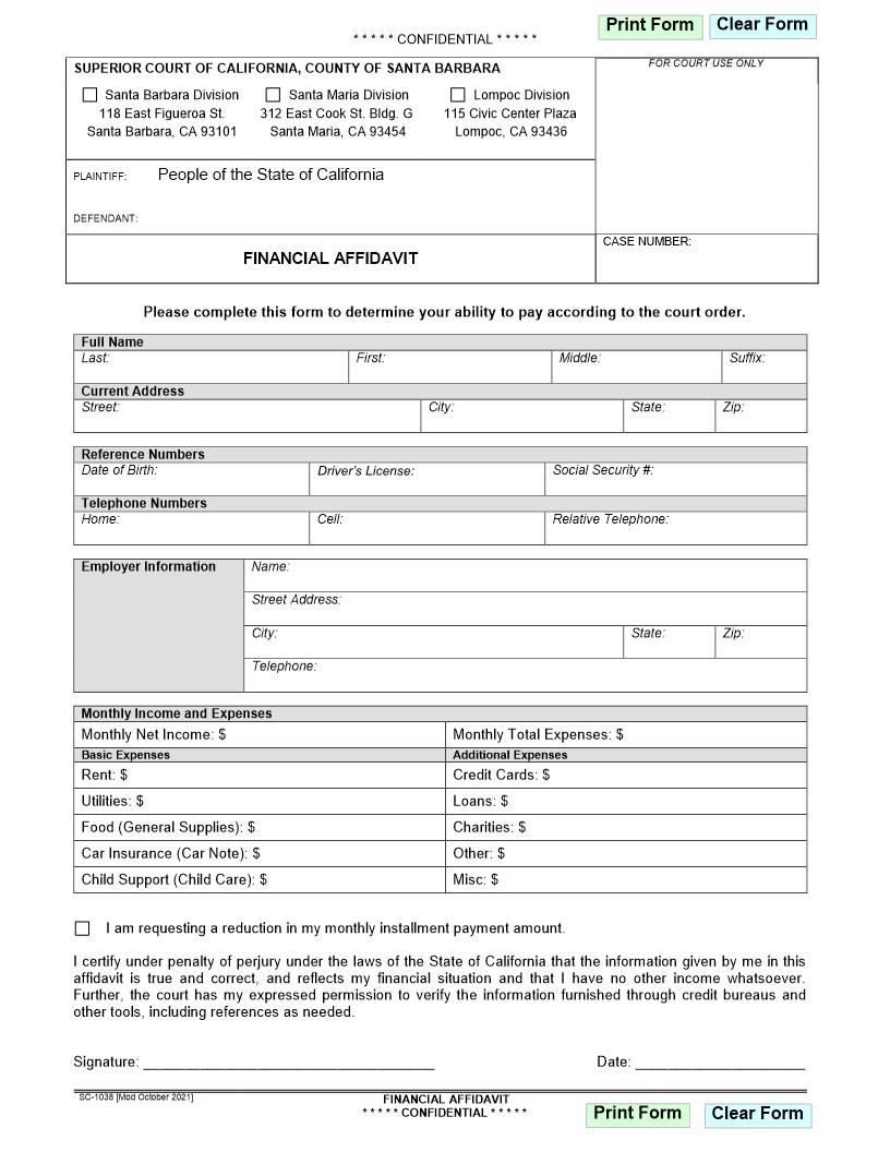 Financial Affidavit {SC-1038} | Pdf Fpdf Docx | California