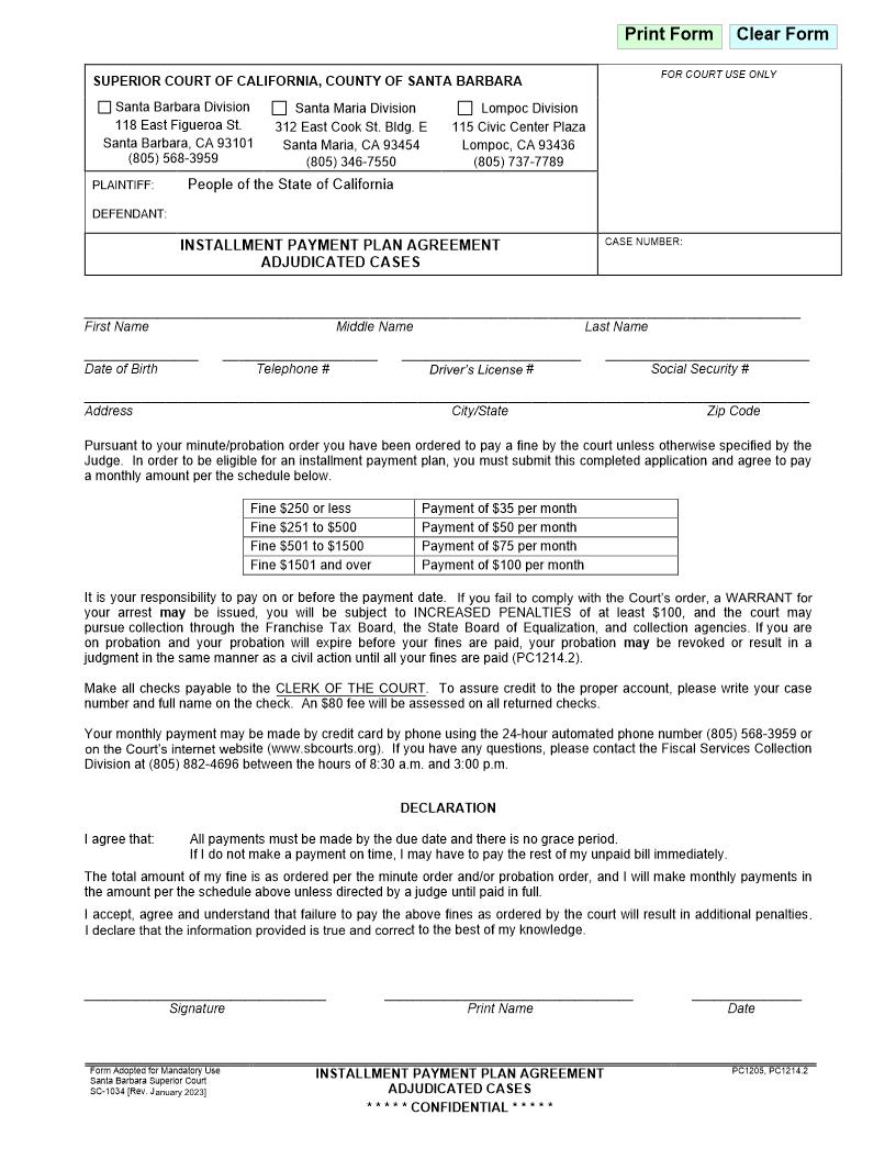 Installment Payment Plan Agreement Adjudicated Cases {SC-1034} | Pdf Fpdf Docx | California