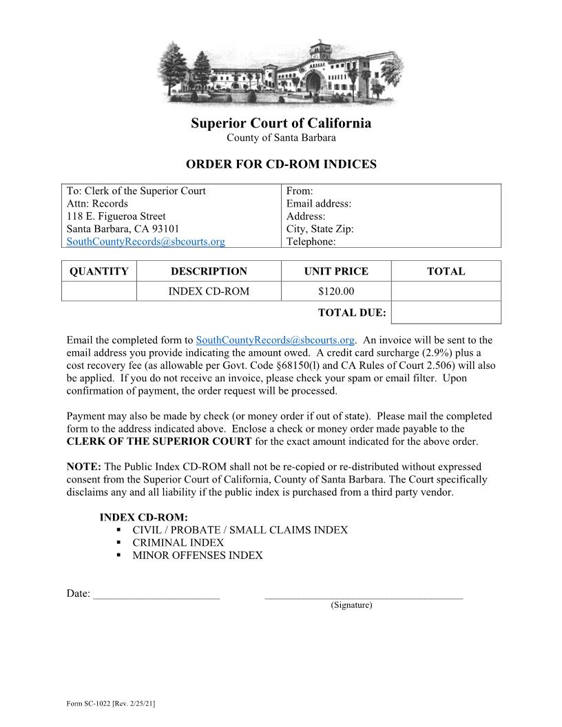 Order For CD-Rom Indices {SC-1022} | Pdf Fpdf Doc Docx | California