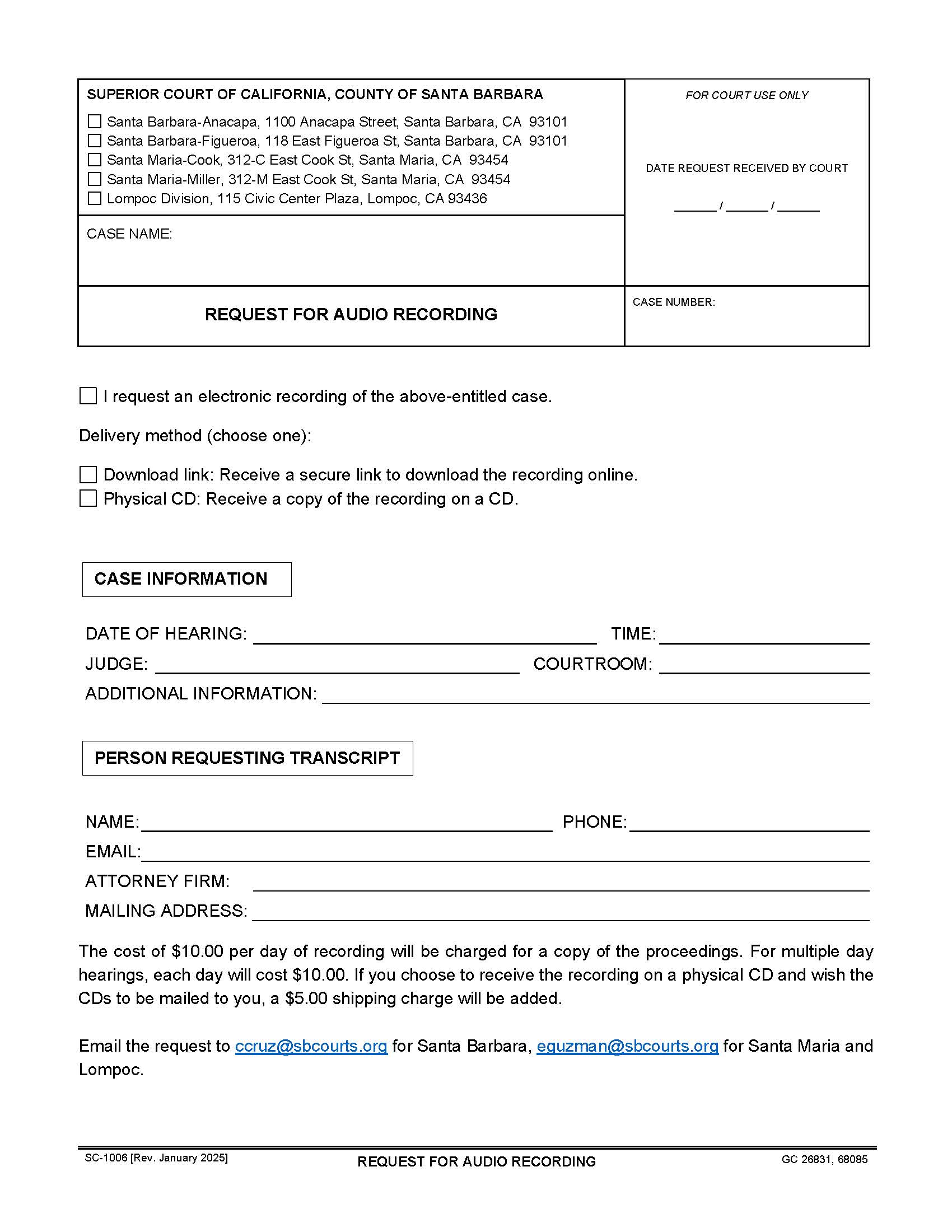 Request For Audio Recording {SC-1006} | Pdf Fpdf Doc Docx | California