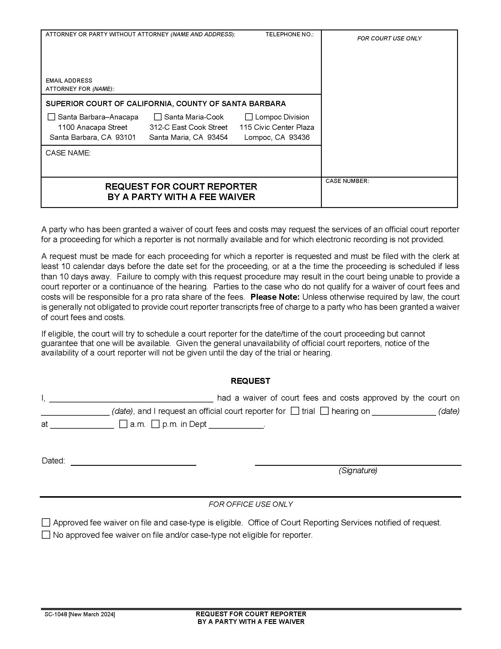 Request For Court Reporter By A Party With A Fee Waiver {SC-1048} | Pdf Fpdf Docx | California