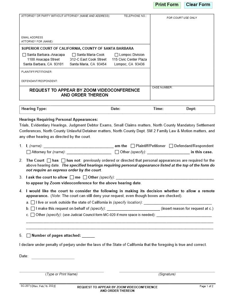 Request To Appear By Zoom Videoconference And Order Thereon {SC-2073} | Pdf Fpdf Docx | California