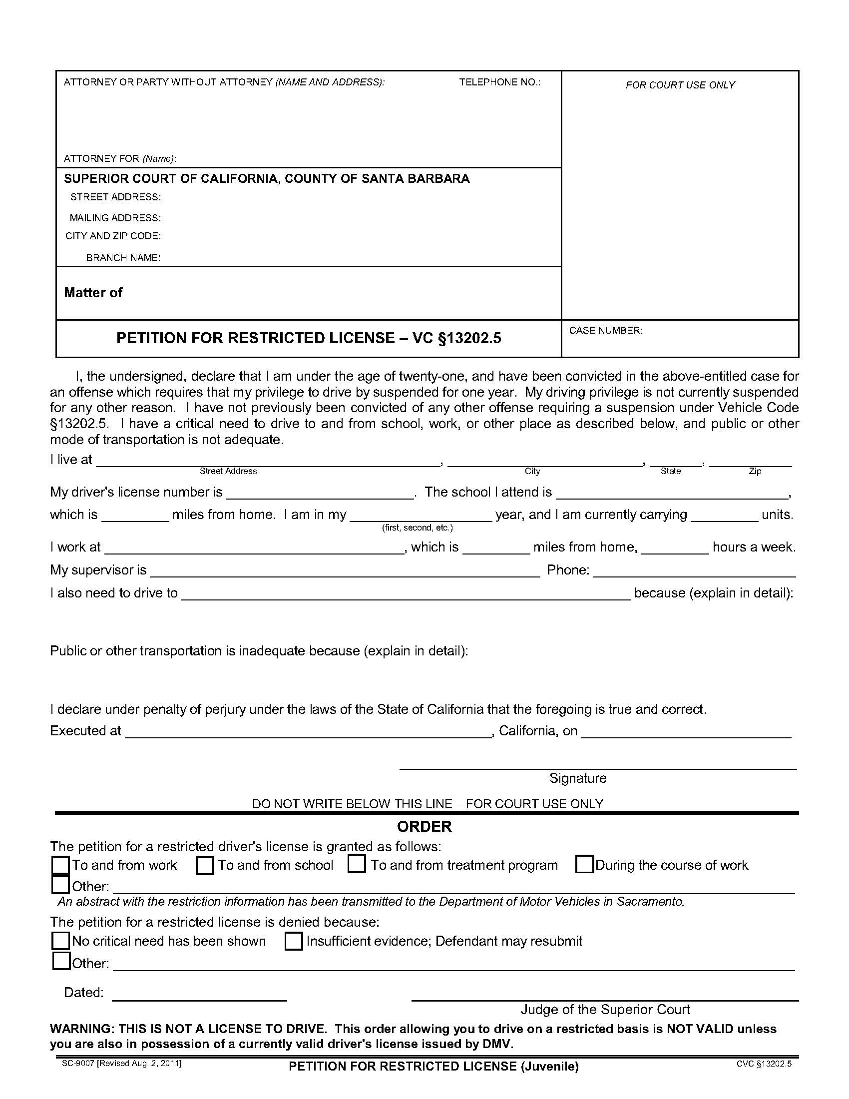Petition For Restricted License (Juvenile) {SC-9007} | Pdf Fpdf Doc Docx | California