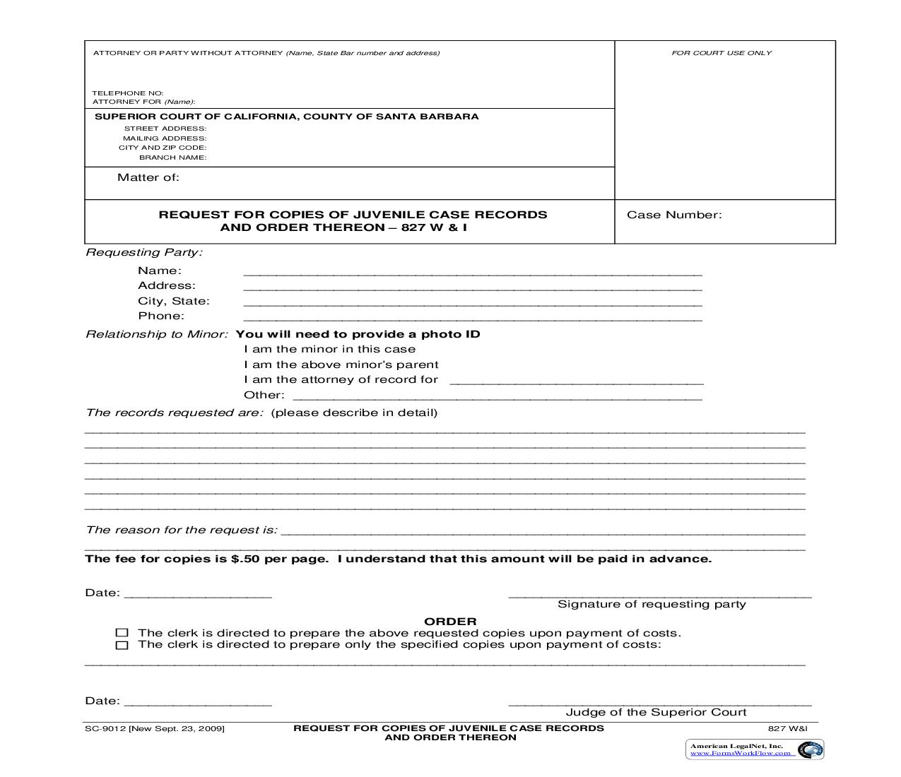 Request For Copies Of Juvenile Case Records And Order Thereon {SC-9012} | Pdf Fpdf Doc Docx | California