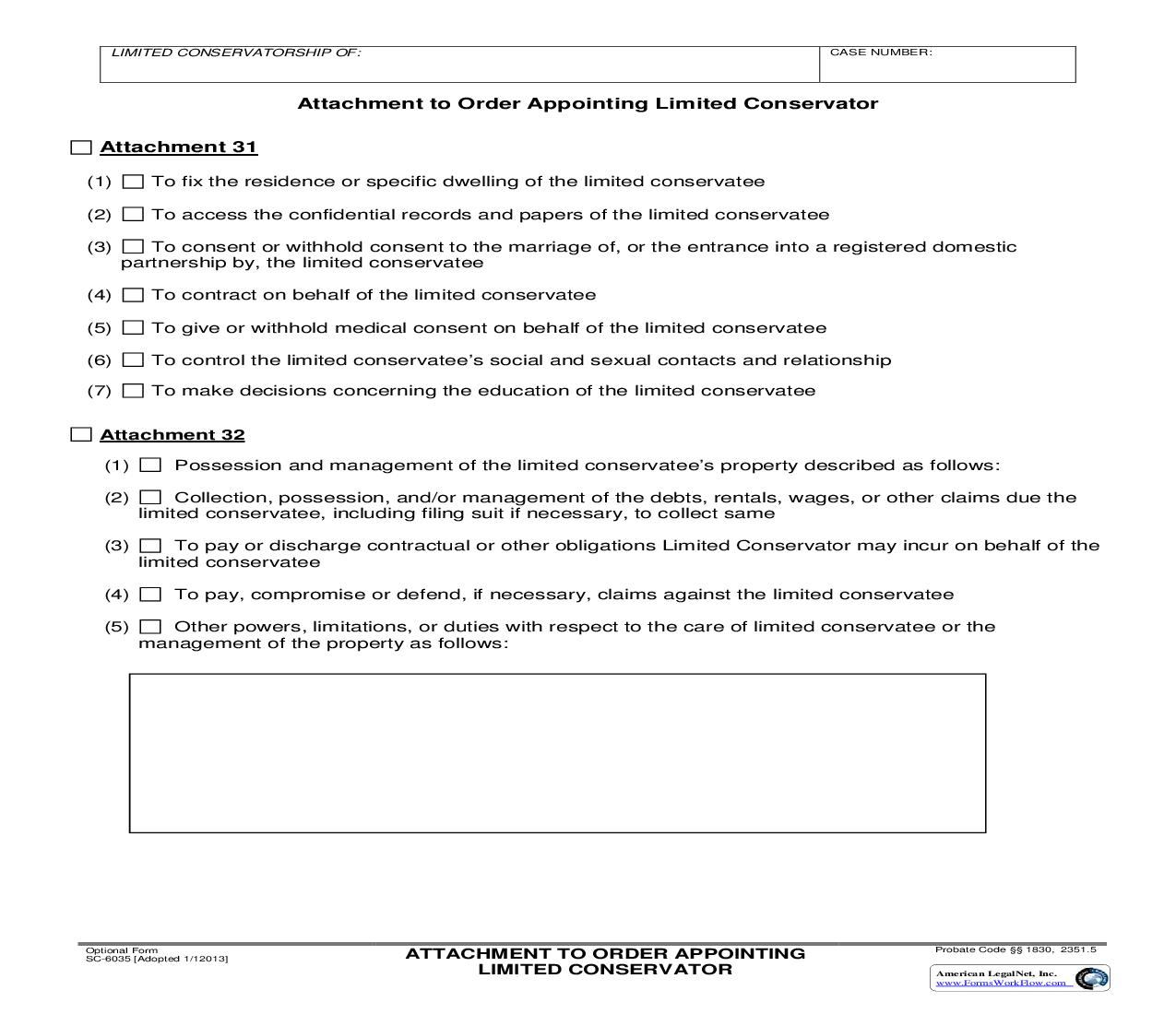 Attachment To Order Appointing Limited Conservator {SC-6035} | Pdf Fpdf Doc Docx | California