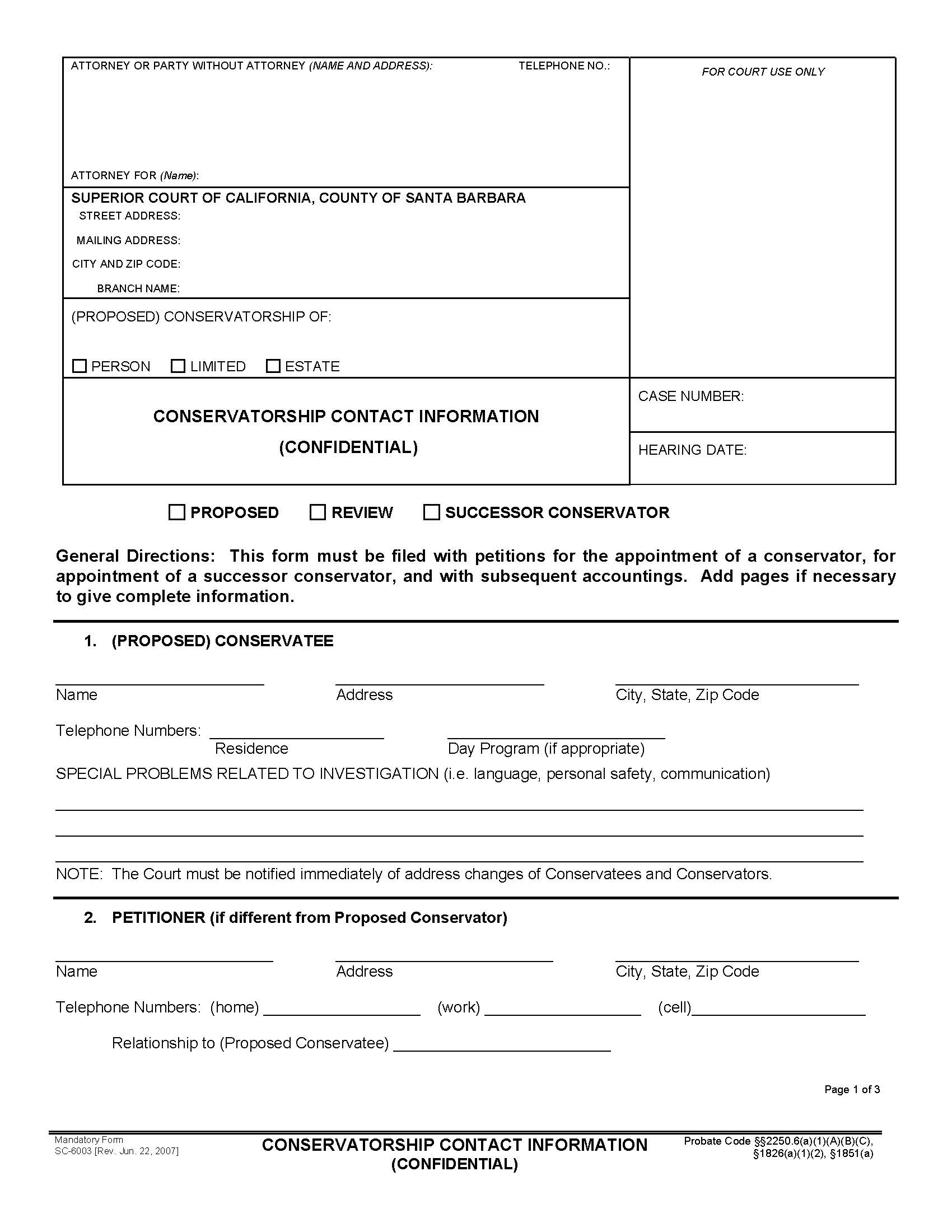 Conservatorship Contact Information {SC-6003} | Pdf Fpdf Doc Docx | California