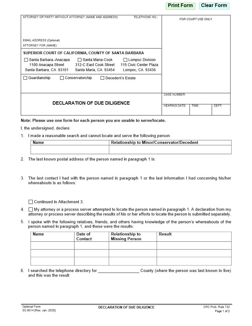 Declaration Of Due Diligence {SC-6014} | Pdf Fpdf Doc Docx | California