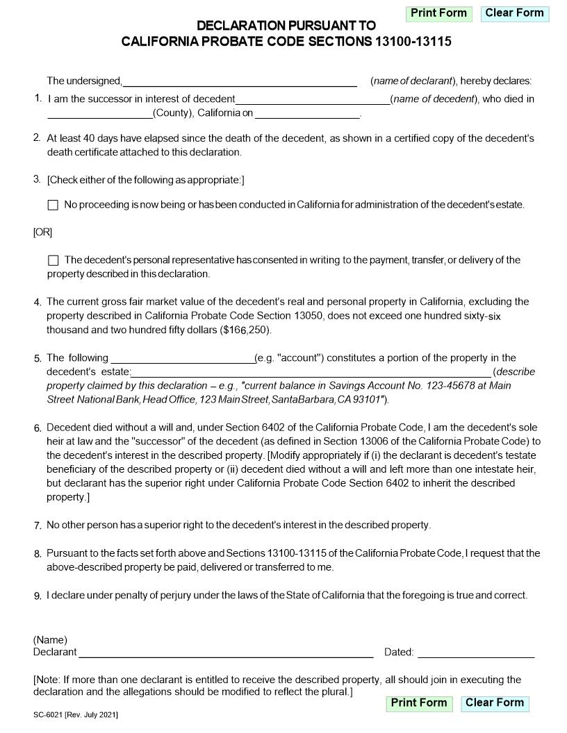 Declaration Pursuant To California Probate Code Sections 13100-13115 {SC-6021} | Pdf Fpdf Doc Docx | California