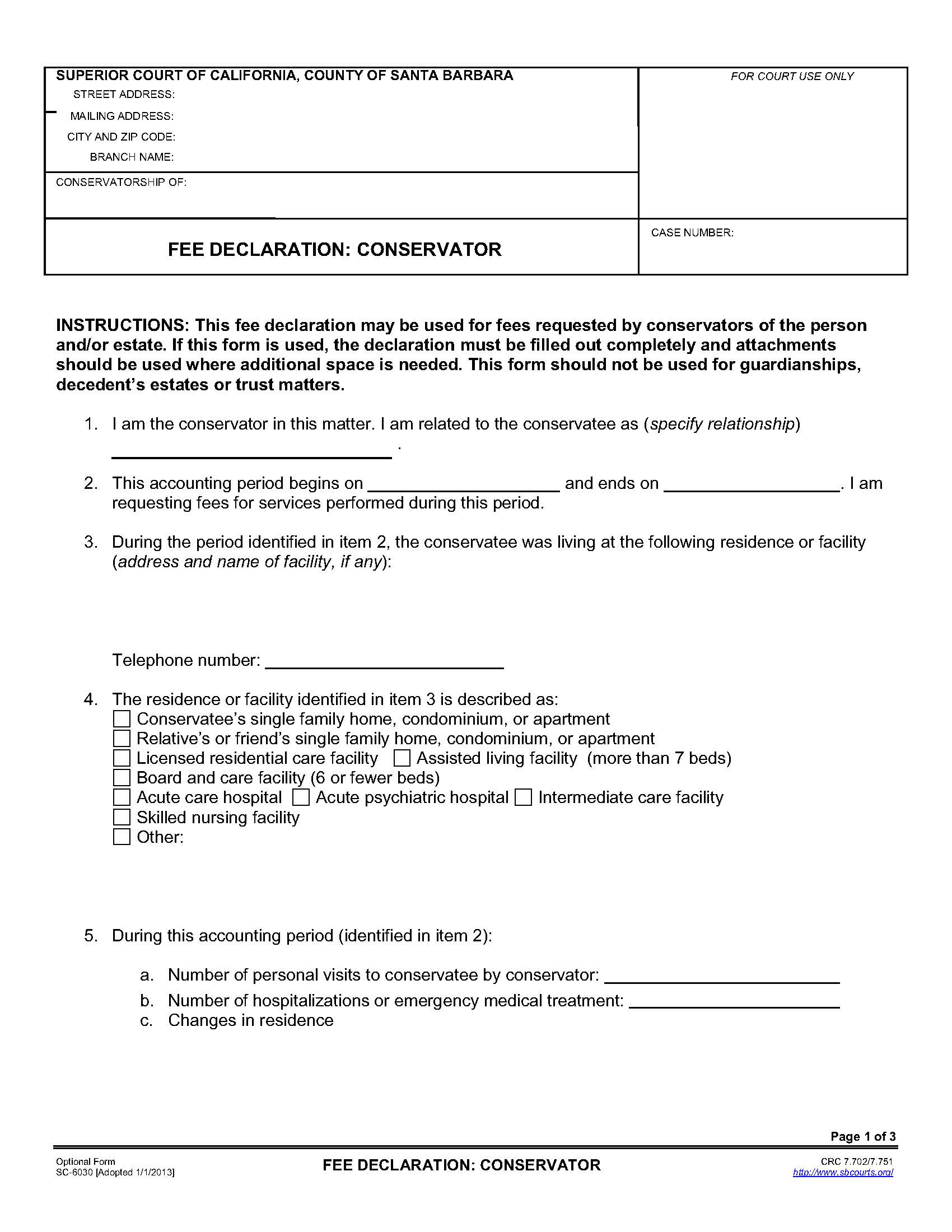 Fee Declaration-Conservator {SC-6030} | Pdf Fpdf Doc Docx | California