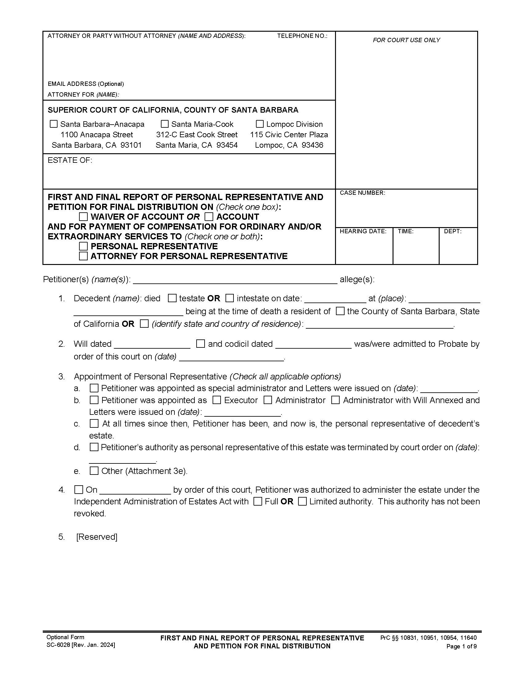First And Final Report Of Personal Representative Petition For Final Distribution {SC-6028} | Pdf Fpdf Doc Docx | California