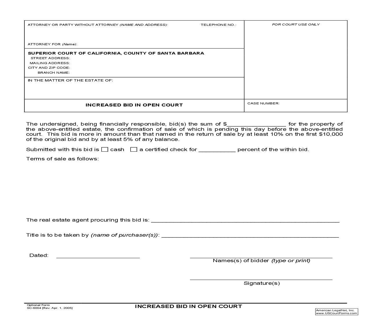 Increased Bid In Open Court {SC-6004} | Pdf Fpdf Doc Docx | California