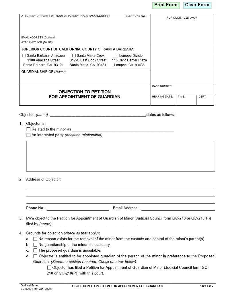 Objection To Petition For Appointment Of Guardian {SC-6009} | Pdf Fpdf Doc Docx | California