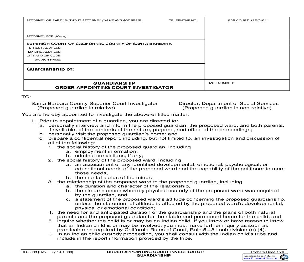 Order Appointing Court Investigator {SC-6008} | Pdf Fpdf Doc Docx | California