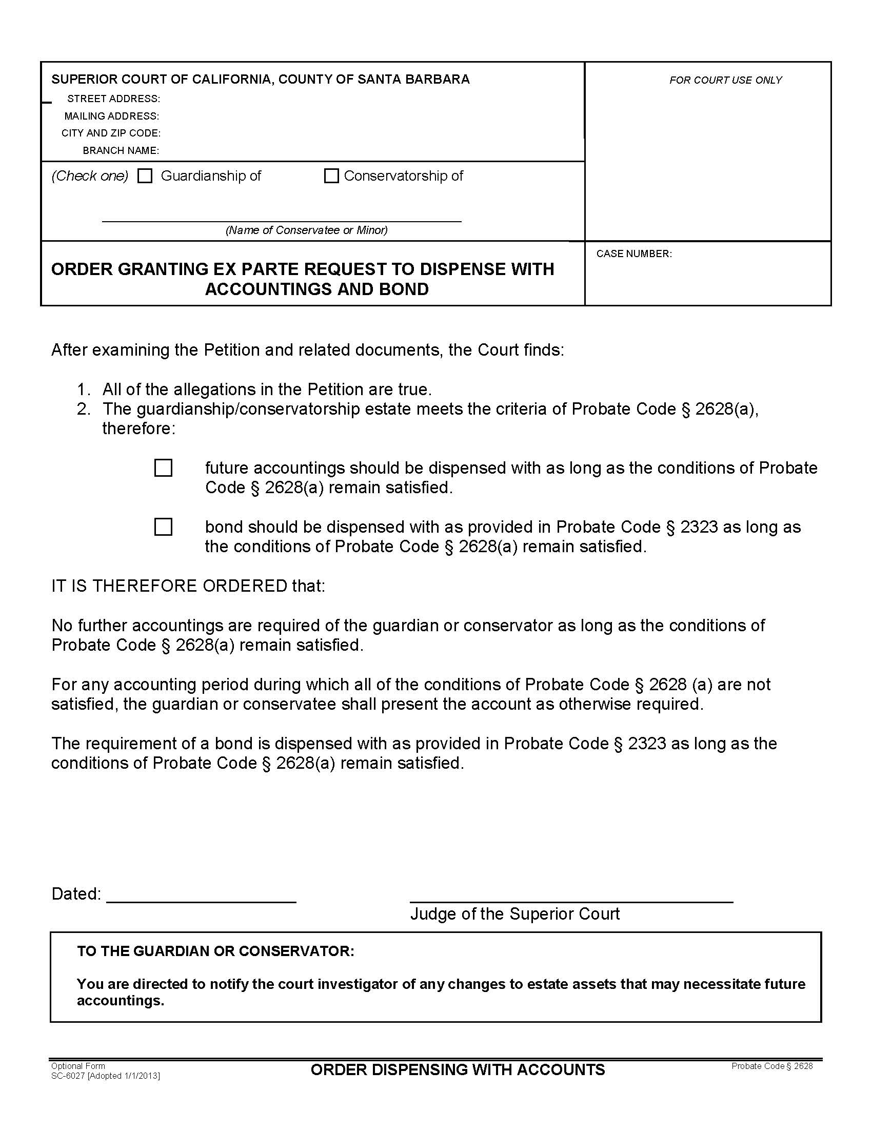 Order Dispensing With Accounts {SC-6027} | Pdf Fpdf Doc Docx | California