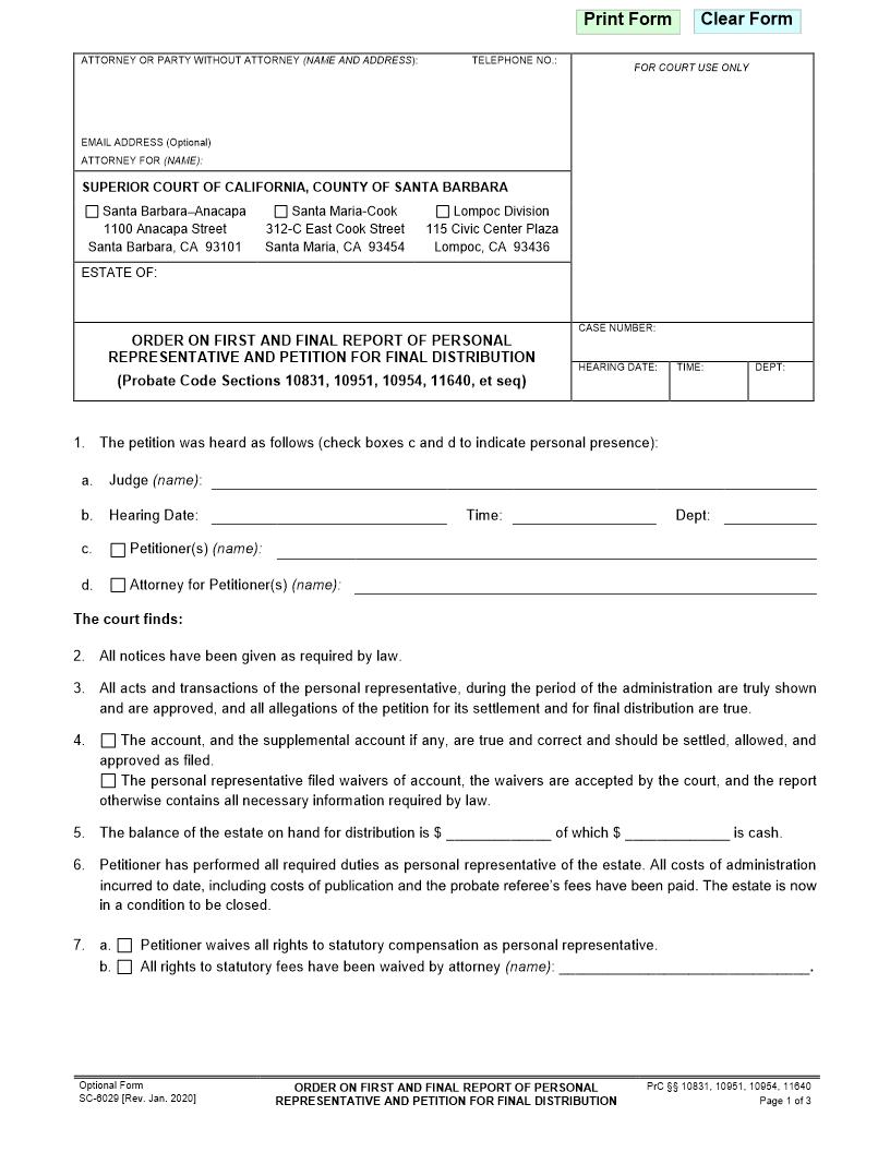 Order On First And Final Report Of Personal Representative {SC-6029} | Pdf Fpdf Doc Docx | California