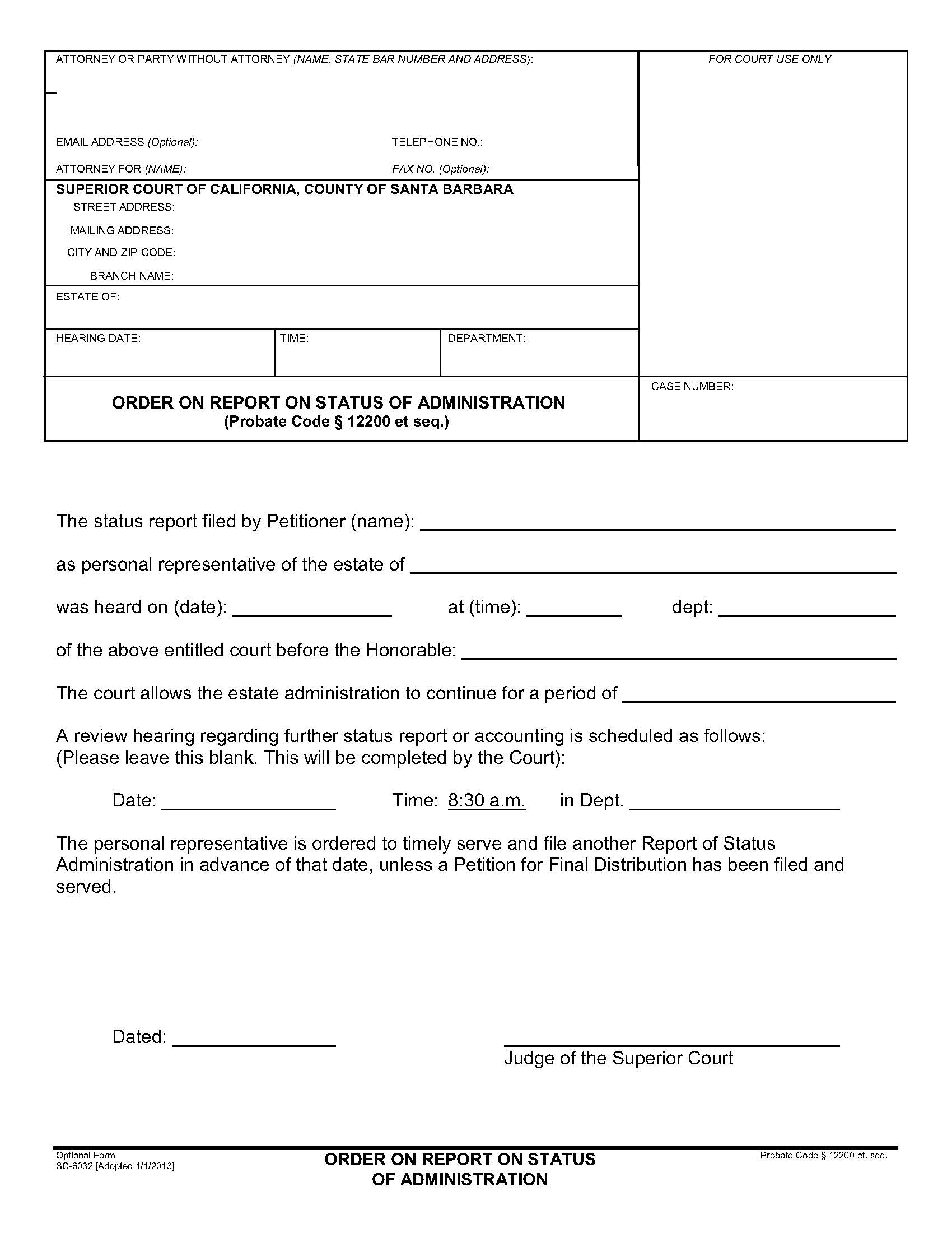 Order On Report On Status Of Administration {SC-6032} | Pdf Fpdf Doc Docx | California