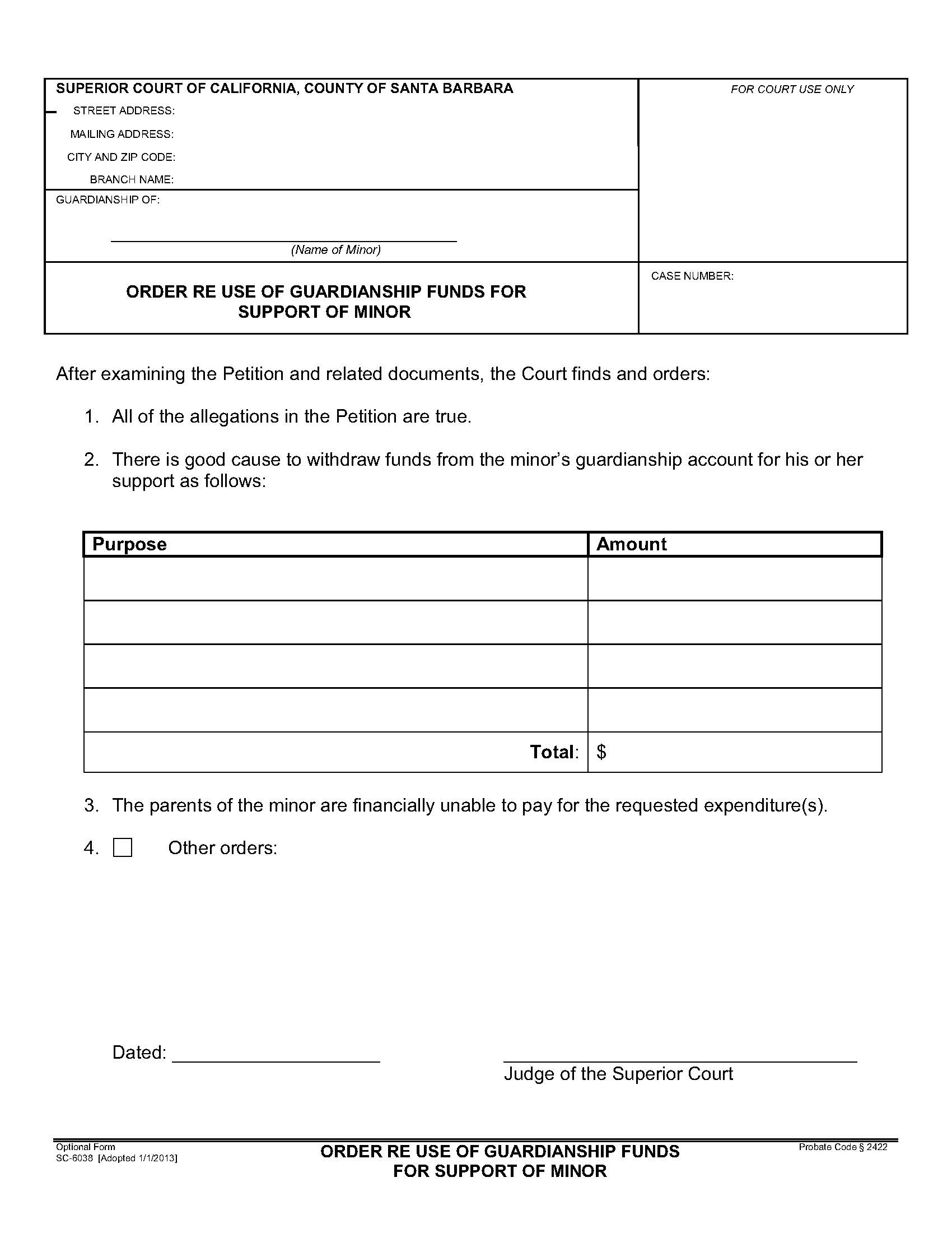 Order Re Use Of Guardianship Funds For Support Of Minor {SC-6038} | Pdf Fpdf Doc Docx | California